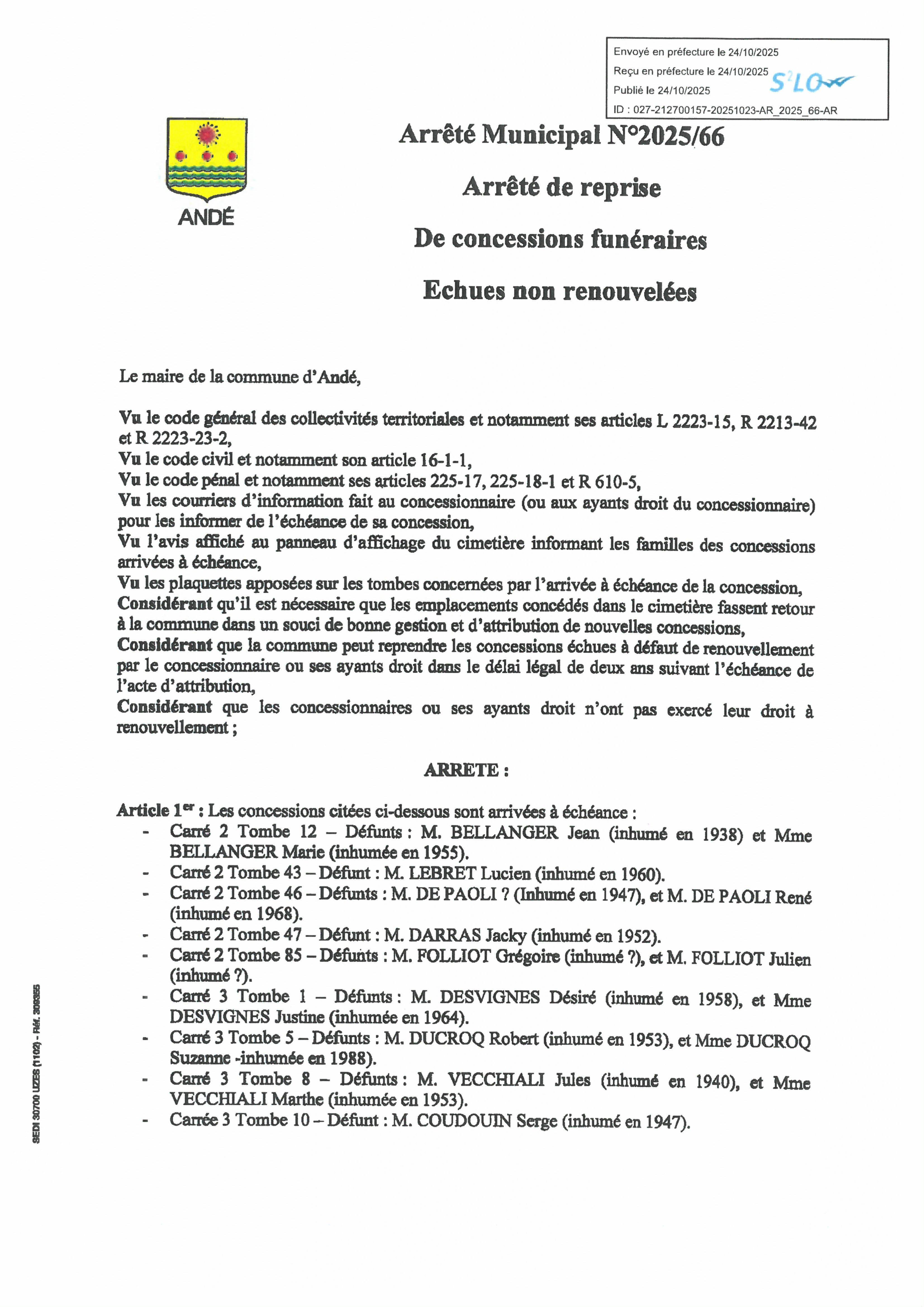 Arrêté de reprise année 2025