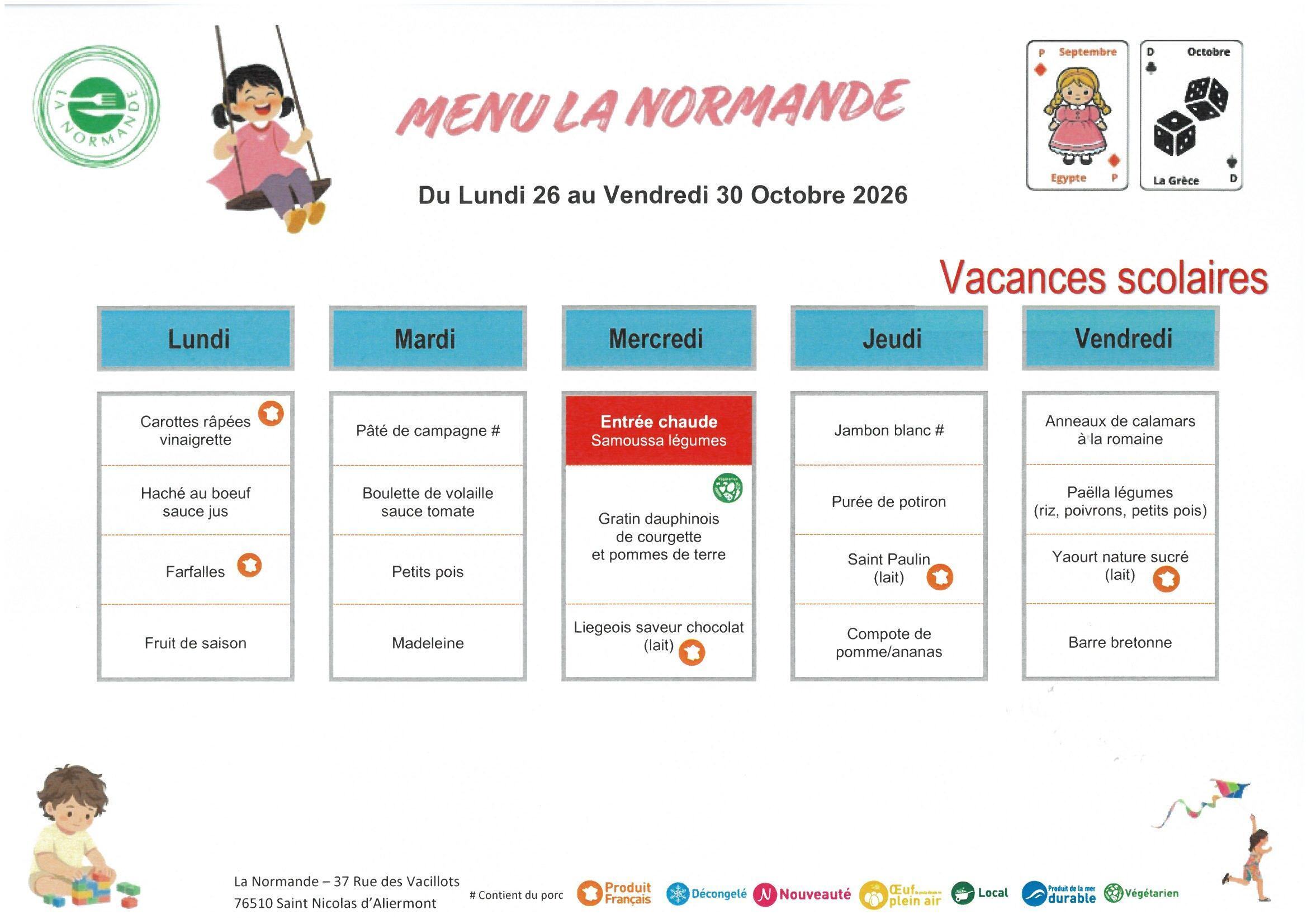 Menus du 26 au 30 octobre 2026