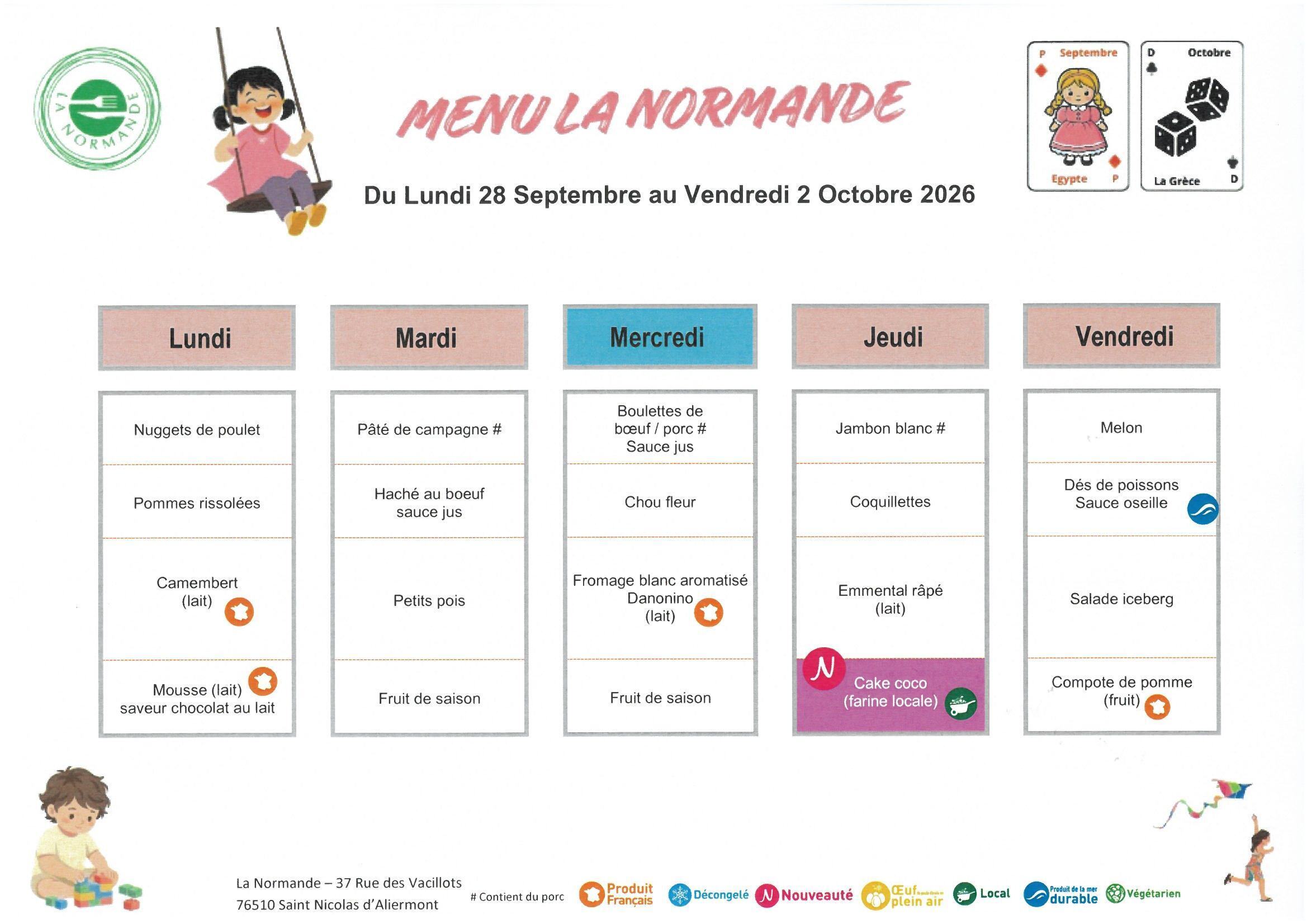Menus du 28 septembre au 2 octobre 2026
