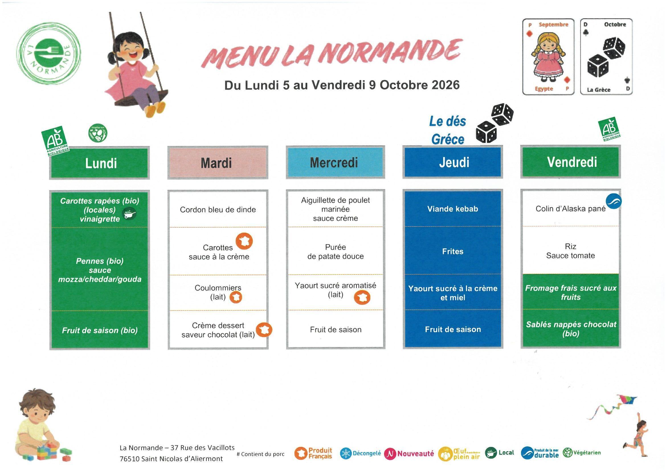 Menus du 5 au 9 octobre
