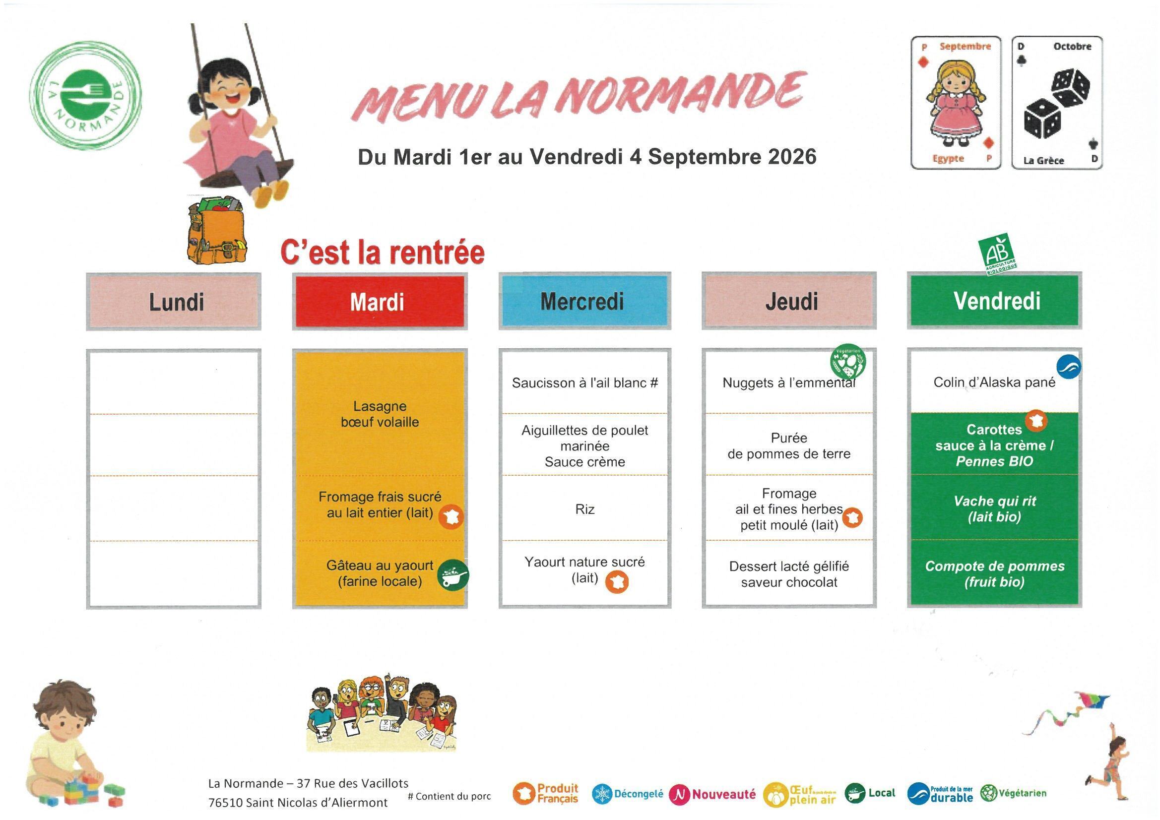 Menus semaine du 1er au 4 septembre 2026
